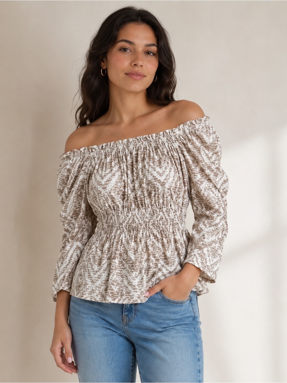 Belldini off shoulder burn out abstract printed top Large